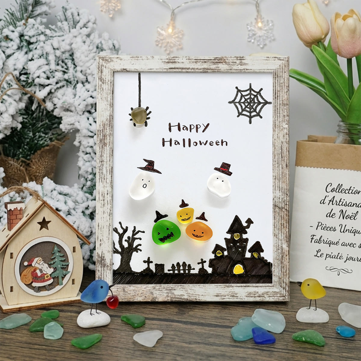Ghost Happy Halloween Sea Glass Framed Art - Retro White - 8" X 6" - image 11