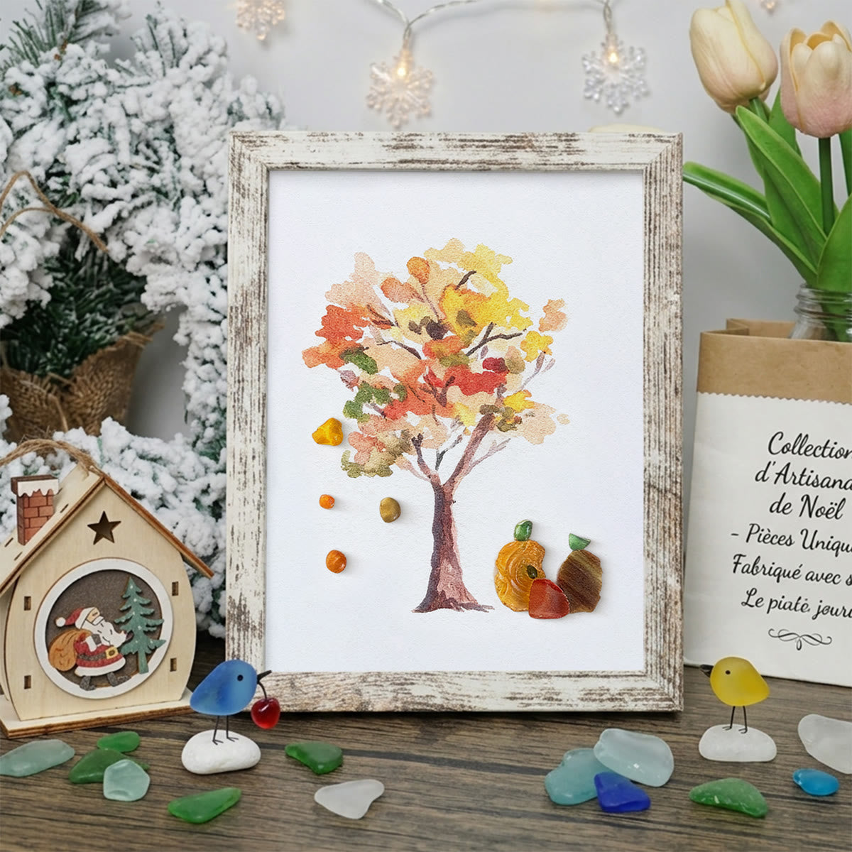 Fall Art Autumn Leaves Pumpkin Sea Glass Framed Art - Retro White - 8" X 6" - image 13