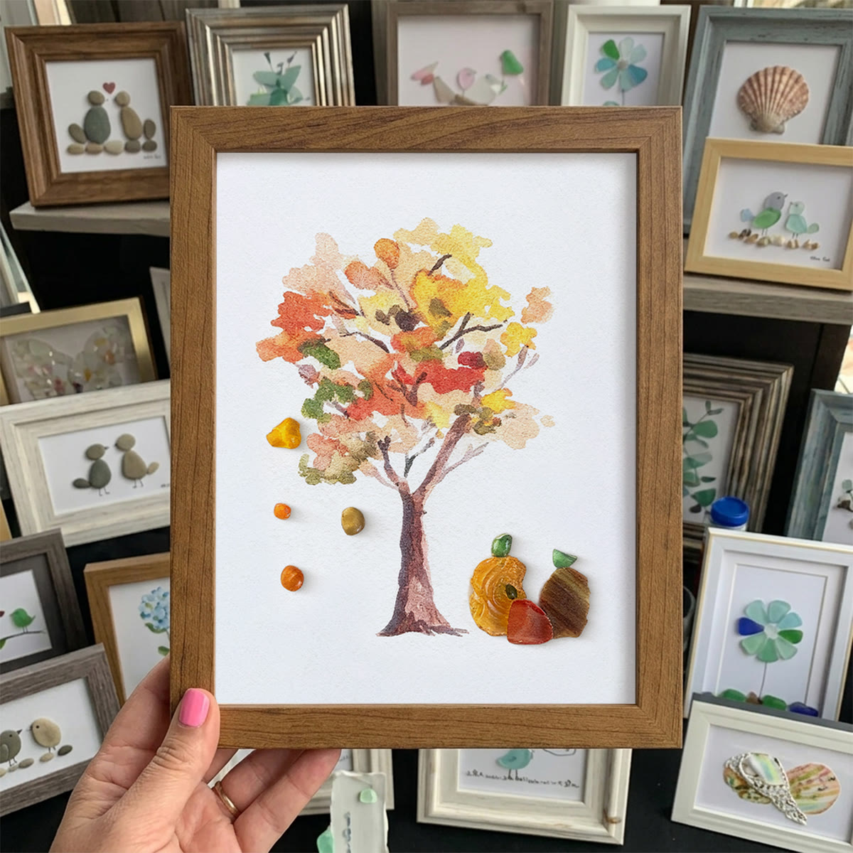 Fall Art Autumn Leaves Pumpkin Sea Glass Framed Art - Walnut Brown - 8" X 6" - image 10