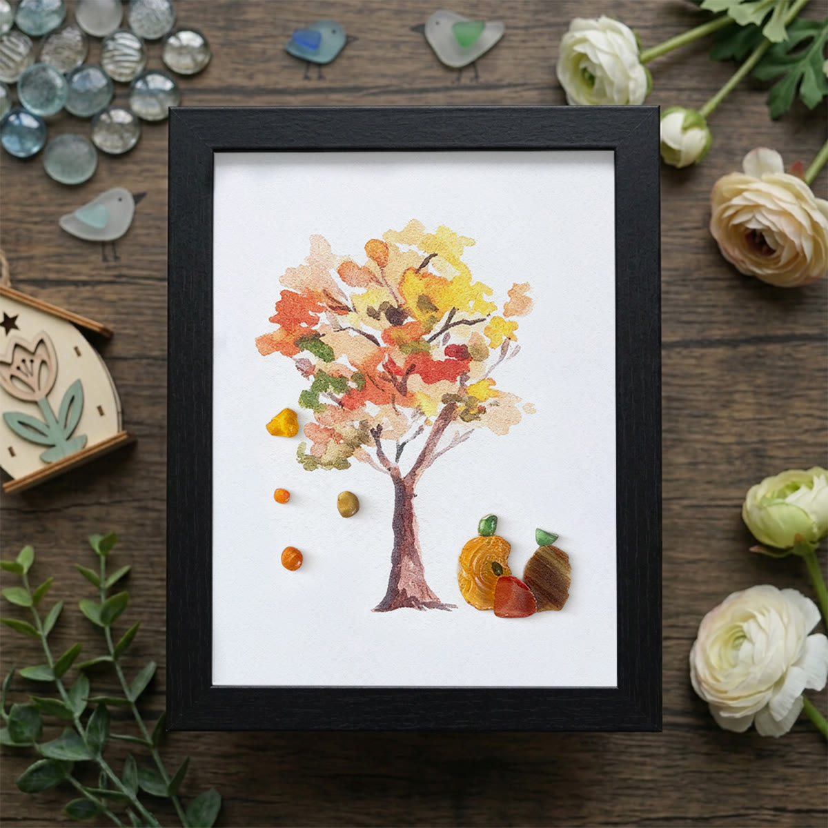 Fall Art Autumn Leaves Pumpkin Sea Glass Framed Art - Black - 8" X 6" - image 11