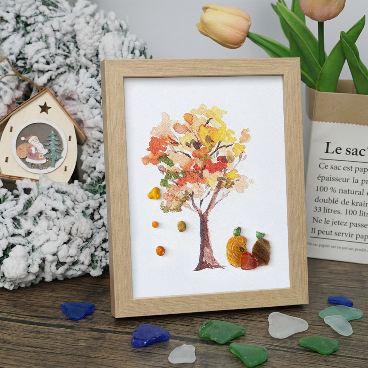 Fall Art Autumn Leaves Pumpkin Sea Glass Framed Art - Oak - 8" X 6" - image 9