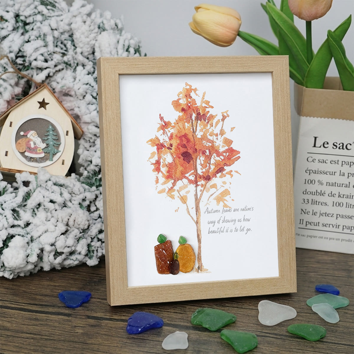 Autumn Quotes Fall Leaves Pumpkin Sea Glass Framed Art - Oak - 8" X 6" - image 8