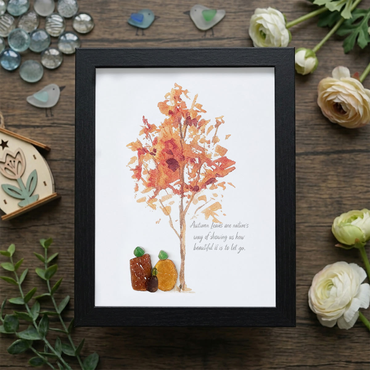 Autumn Quotes Fall Leaves Pumpkin Sea Glass Framed Art - Black - 8" X 6" - image 10