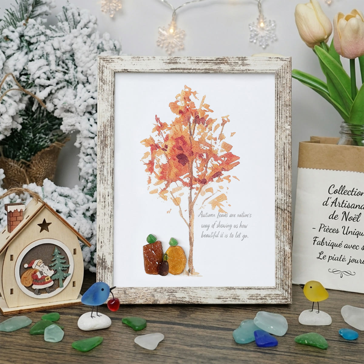 Autumn Quotes Fall Leaves Pumpkin Sea Glass Framed Art - Retro White - 8" X 6" - image 12