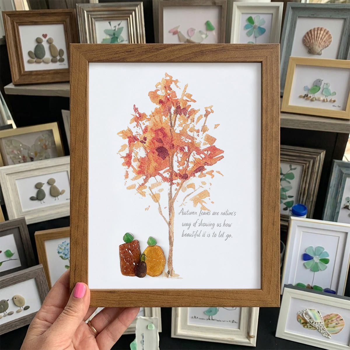 Autumn Quotes Fall Leaves Pumpkin Sea Glass Framed Art - Walnut Brown - 8" X 6" - image 9