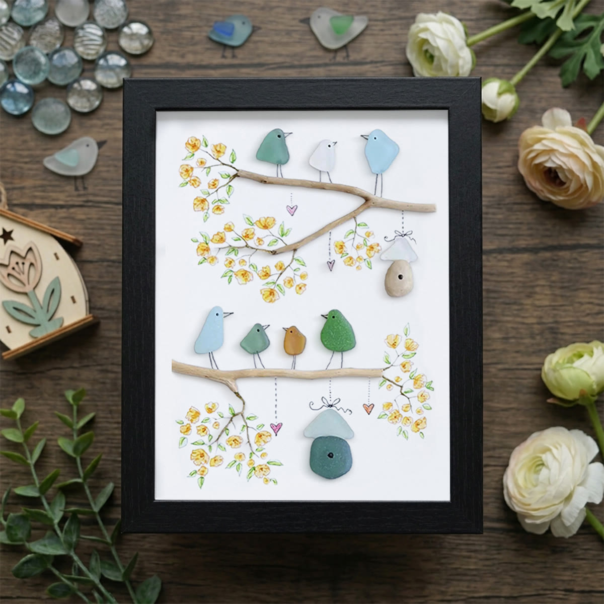 Birds On Blossom Branches Family Sea Glass Framed Art - Black - 8" X 6" - image 10