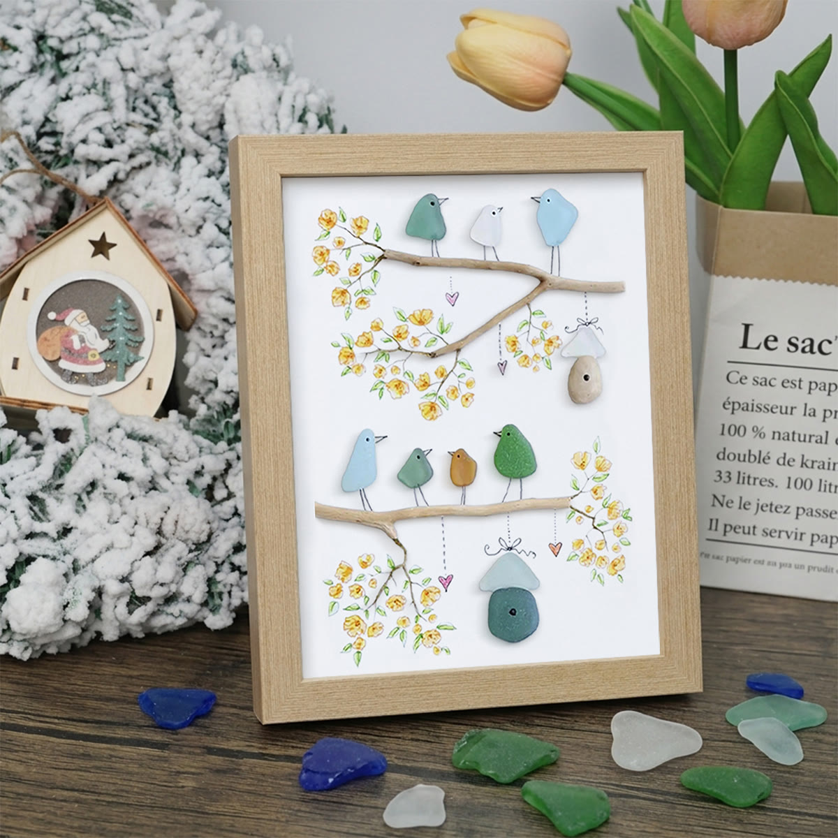 Birds On Blossom Branches Family Sea Glass Framed Art - Oak - 8" X 6" - image 8