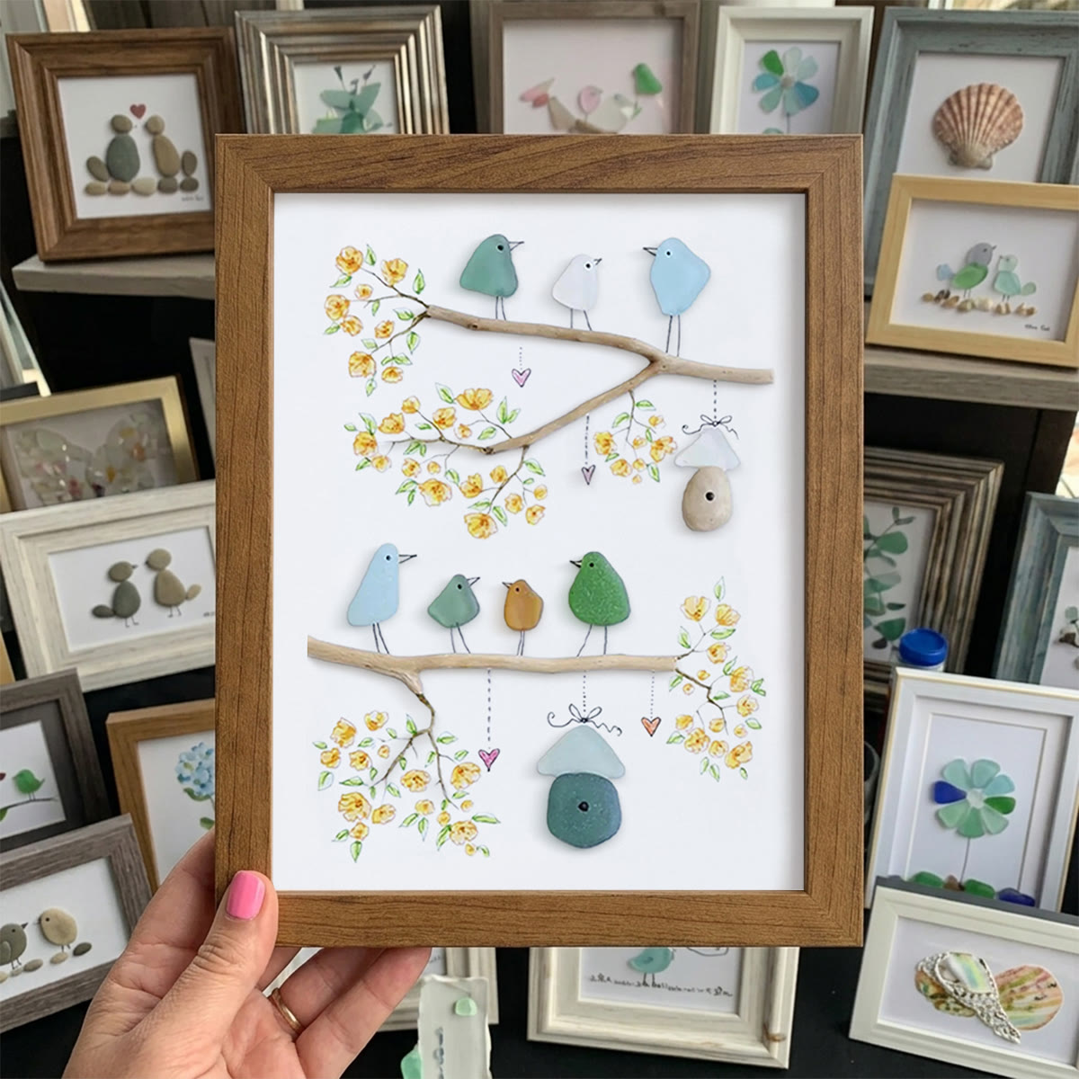 Birds On Blossom Branches Family Sea Glass Framed Art - Walnut Brown - 8" X 6" - image 9