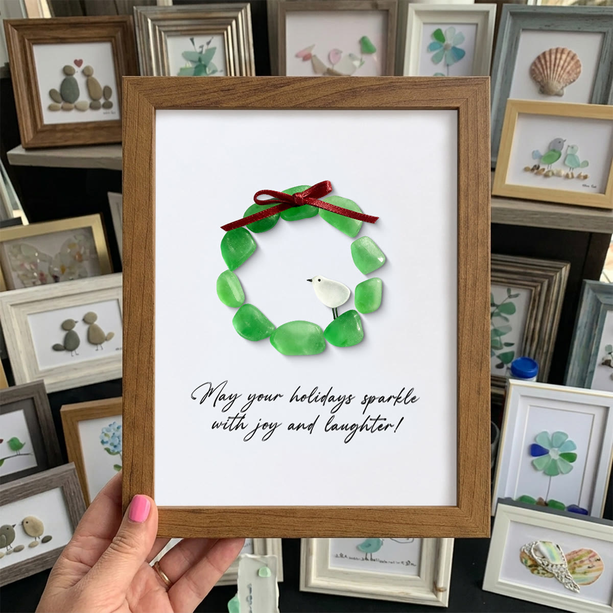Christmas Wreath And Wreath Sea Glass Framed Art - Walnut Brown - 8" X 6" - image 11