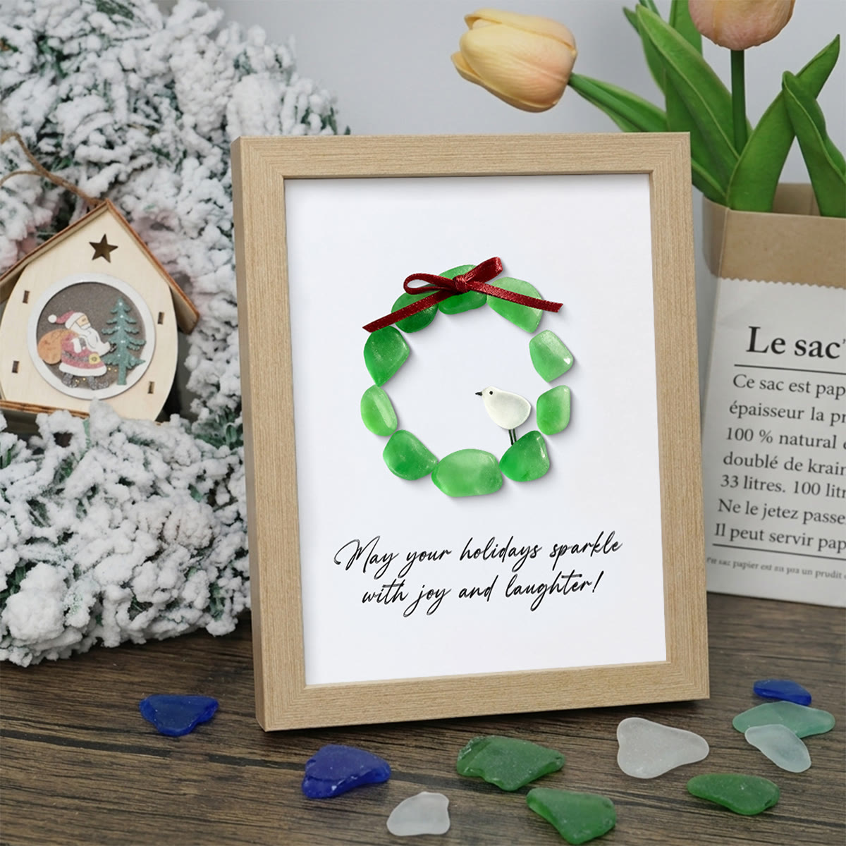 Christmas Wreath And Wreath Sea Glass Framed Art - Oak - 8" X 6" - image 10
