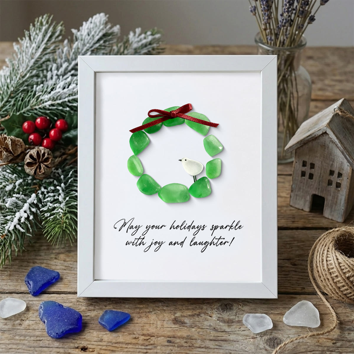 Christmas Wreath And Wreath Sea Glass Framed Art - White - 8" X 6" - image 13