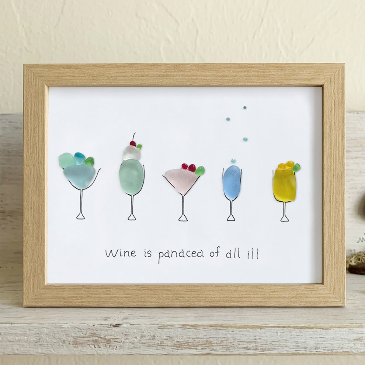Wine is a panacea of all ill Sea Glass Framed Art - Oak - 6" X 8" - image 8