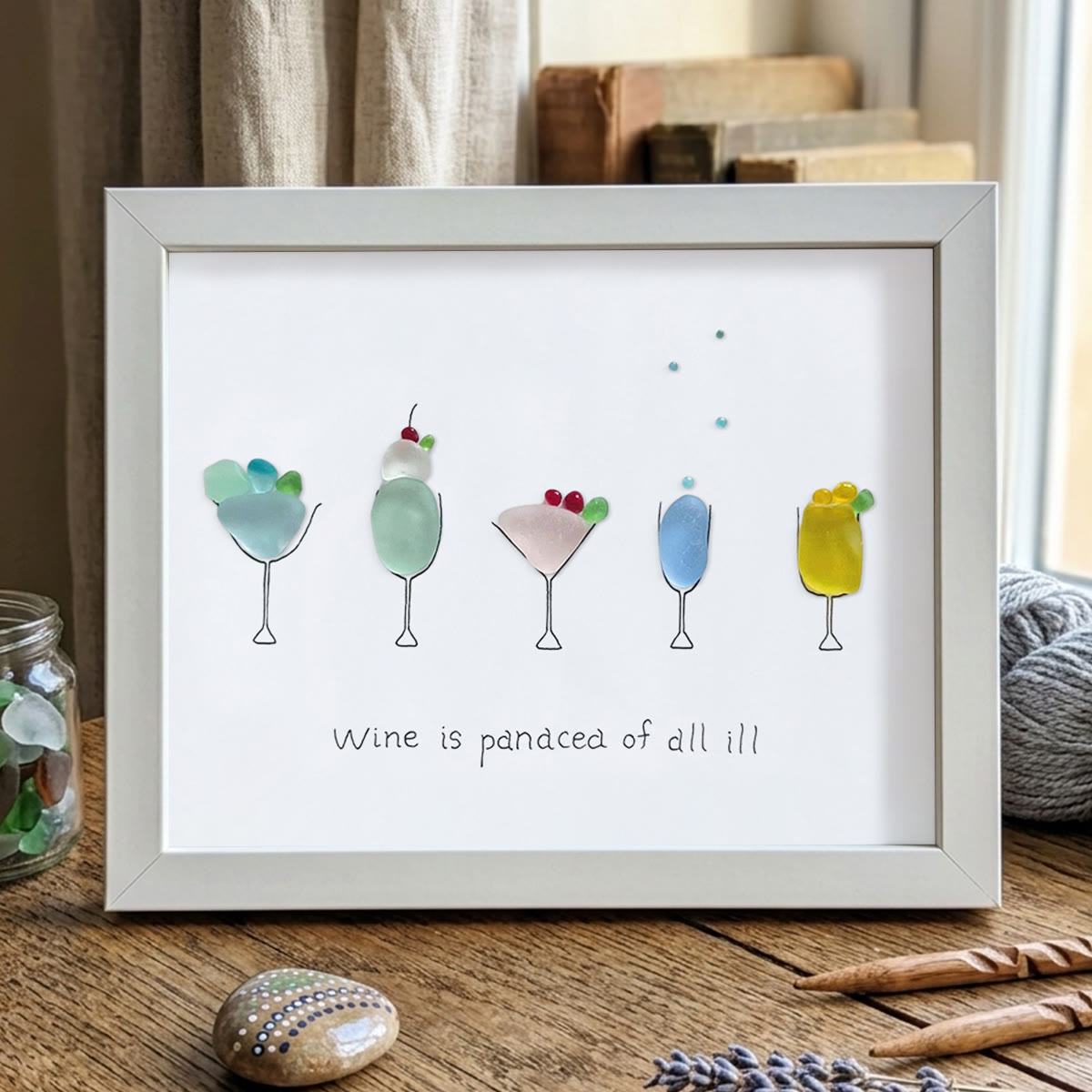 Wine is a panacea of all ill Sea Glass Framed Art - White - 6" X 8" - image 11