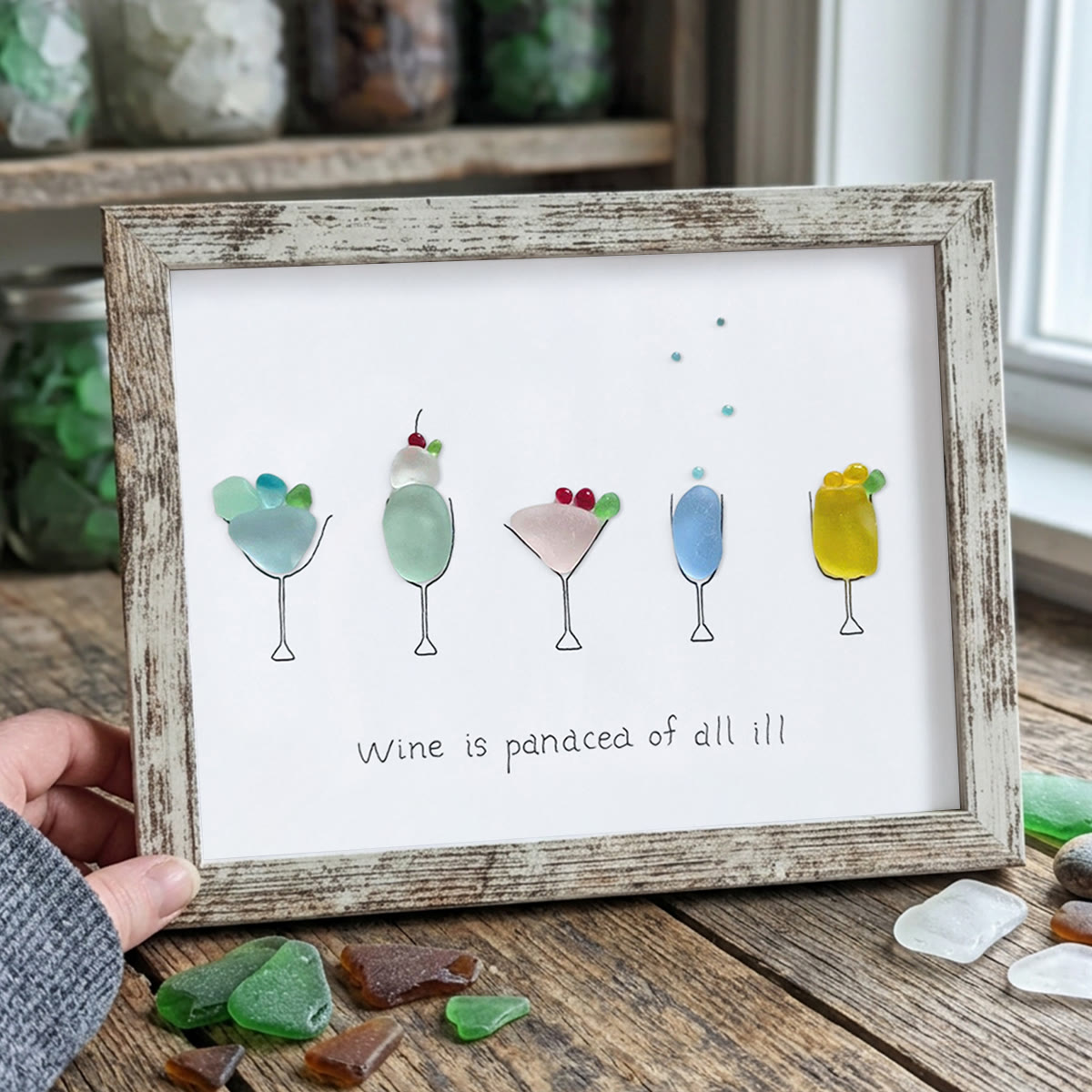Wine is a panacea of all ill Sea Glass Framed Art - Retro White - 6" X 8" - image 12