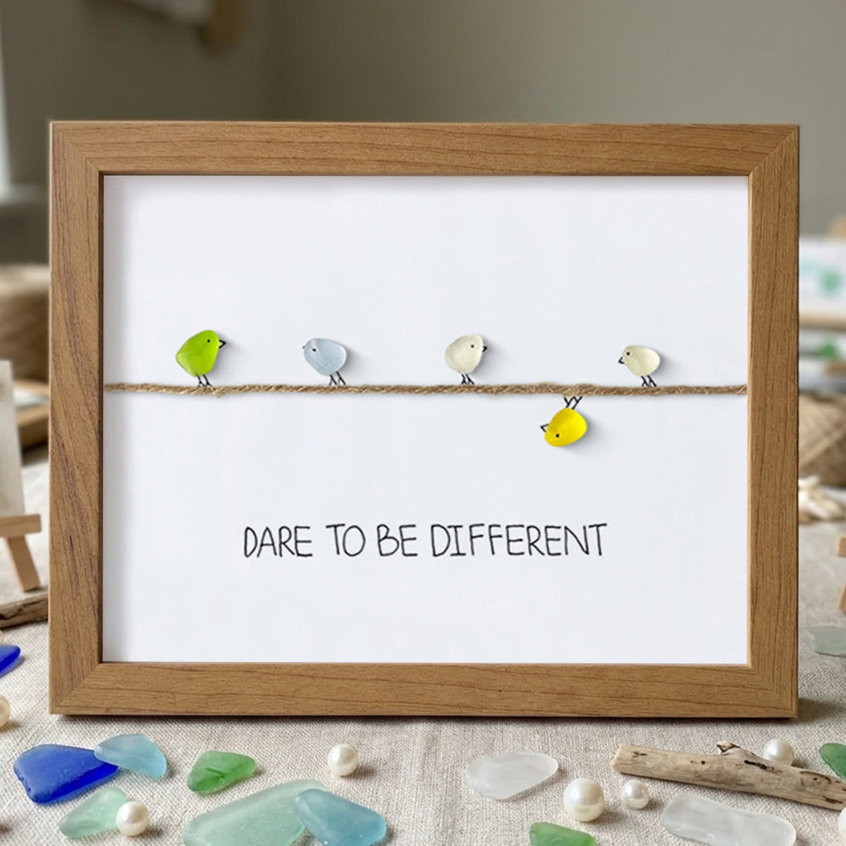 Dare to Be Different Cute Birds Sea Glass Framed Art - Walnut Brown - 6" X 8" - image 8