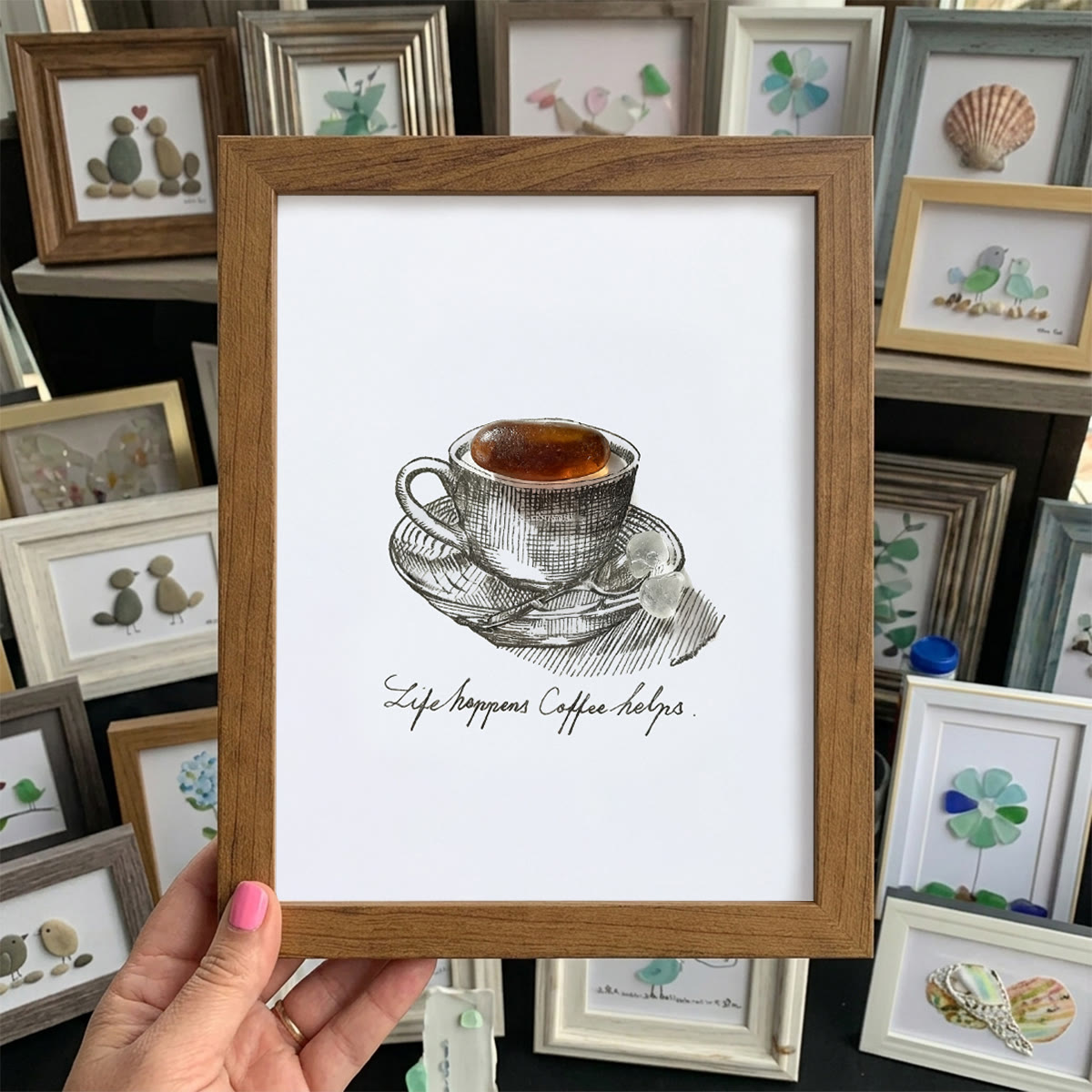Life Happens Coffee Helps Seaglass Card Artwork With Frame - Walnut Brown - 8" X 6" - image 10
