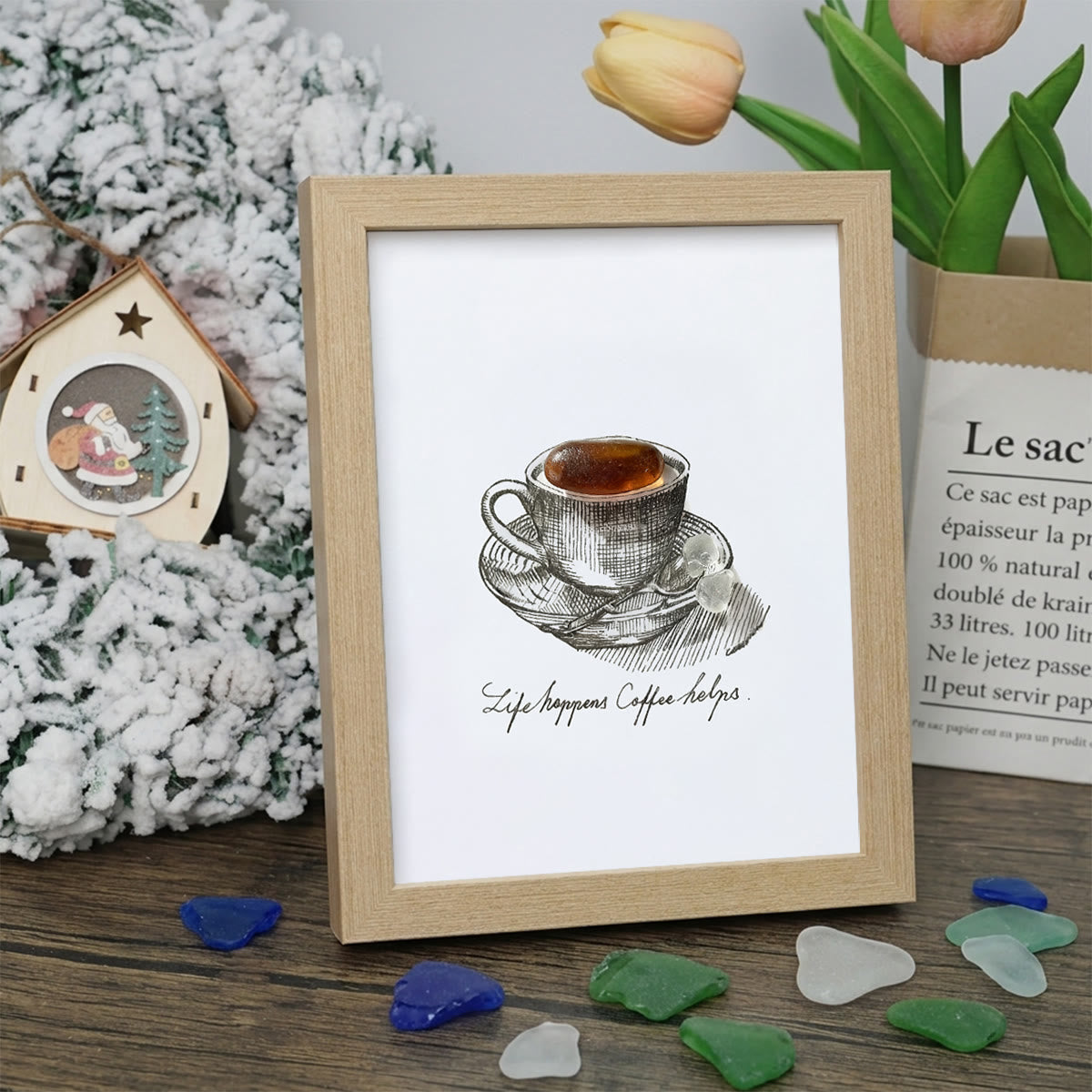 Life Happens Coffee Helps Seaglass Card Artwork With Frame - Oak - 8" X 6" - image 9