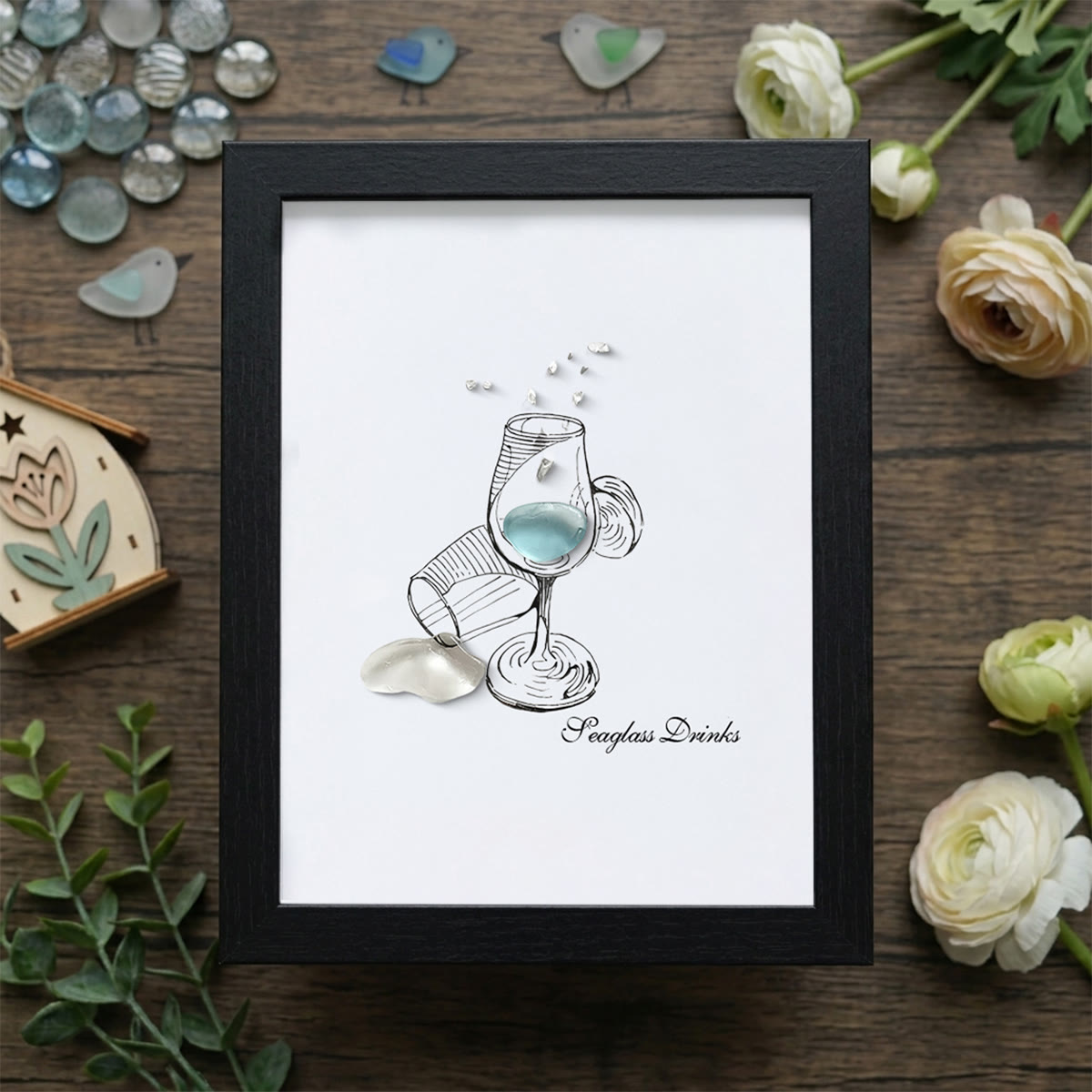 Cocktail Drinks Seaglass Card Artwork With Frame - Black - 8" X 6" - image 9