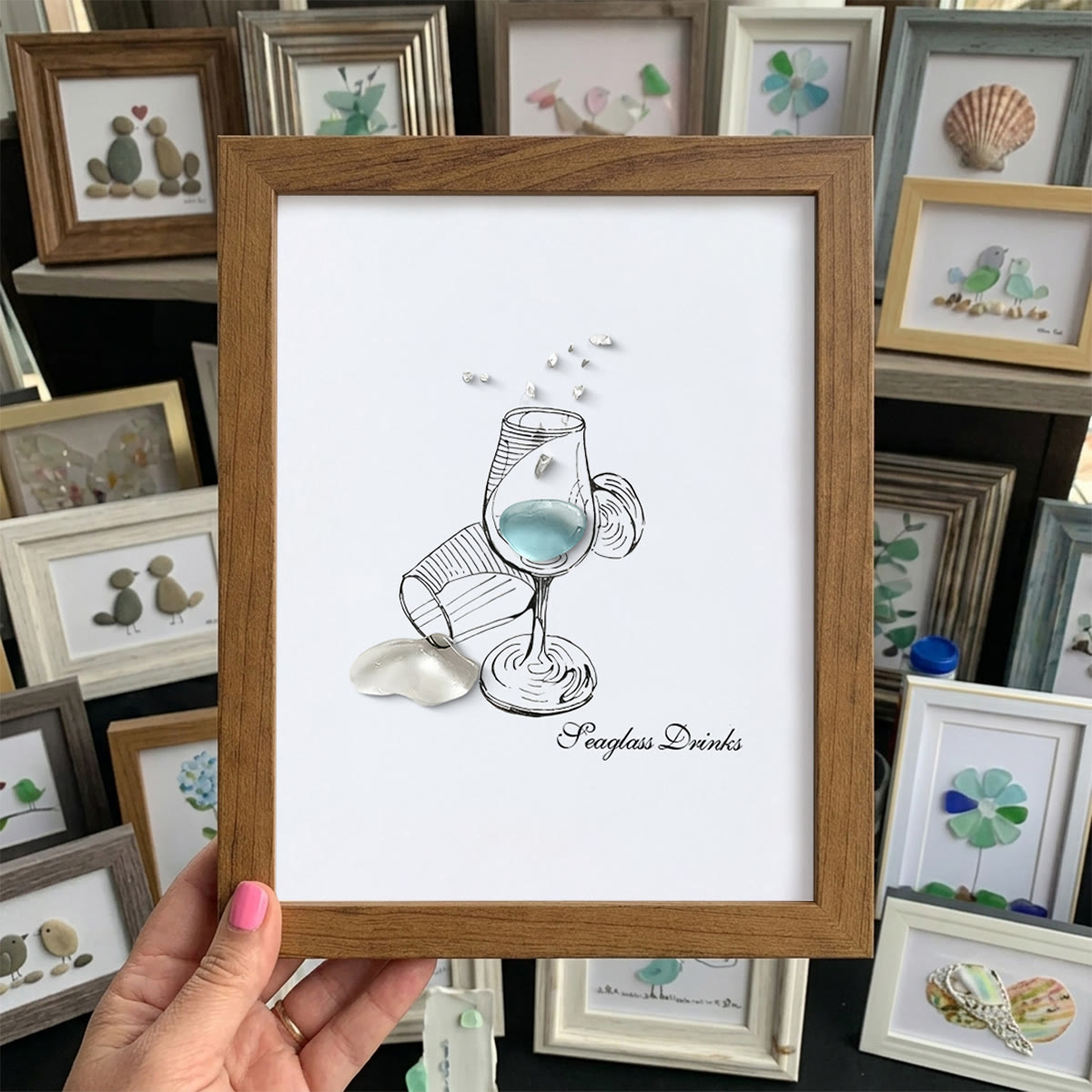 Cocktail Drinks Seaglass Card Artwork With Frame - Walnut Brown - 8" X 6" - image 8
