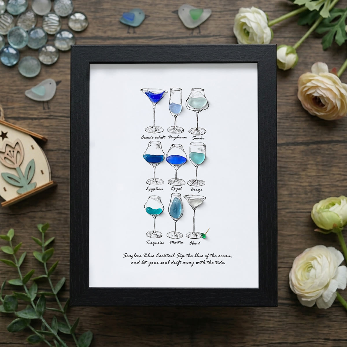 Dreamy Blue Cocktail Seaglass Card Artwork With Frame - Black - 8" X 6" - image 10