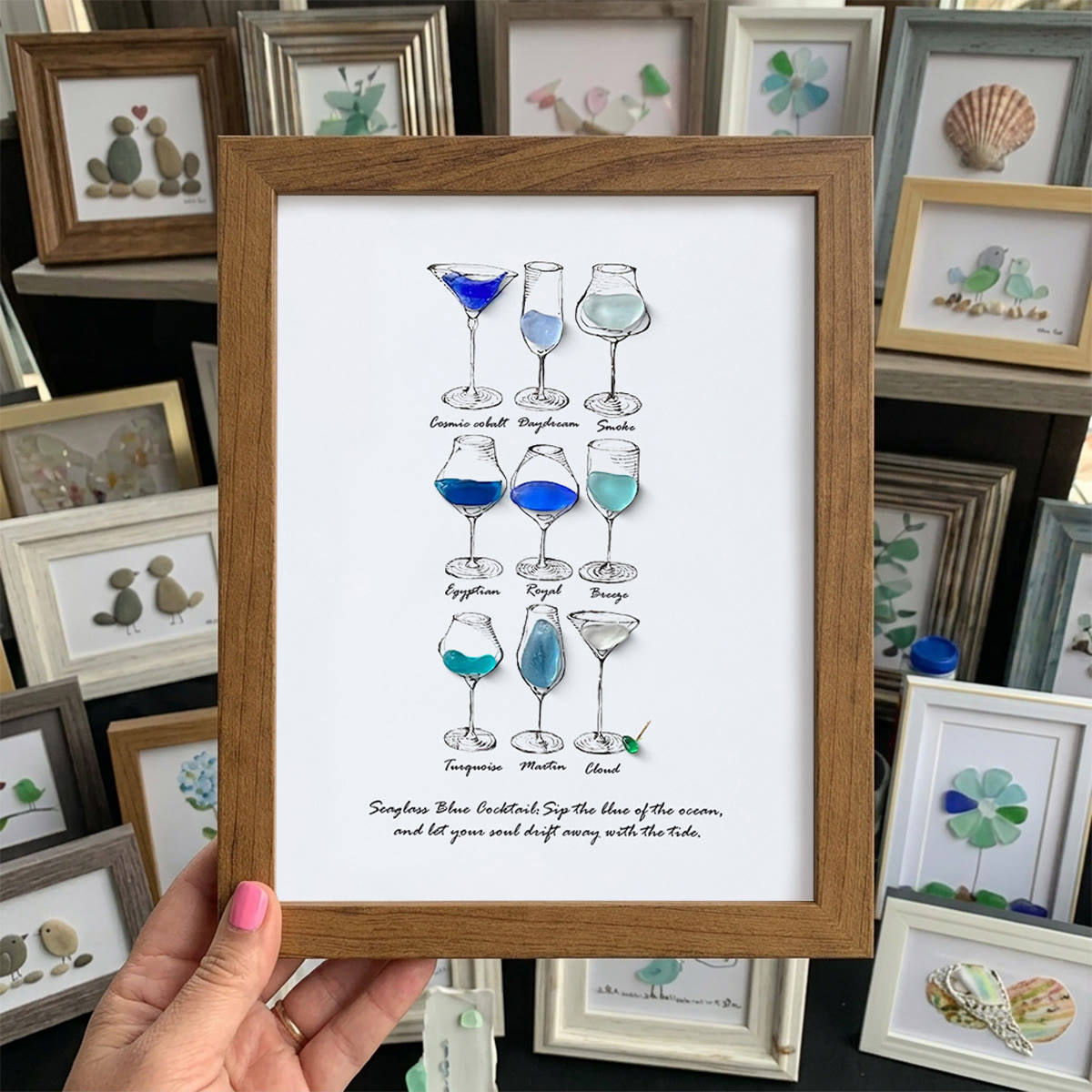 Dreamy Blue Cocktail Seaglass Card Artwork With Frame - Walnut Brown - 8" X 6" - image 9