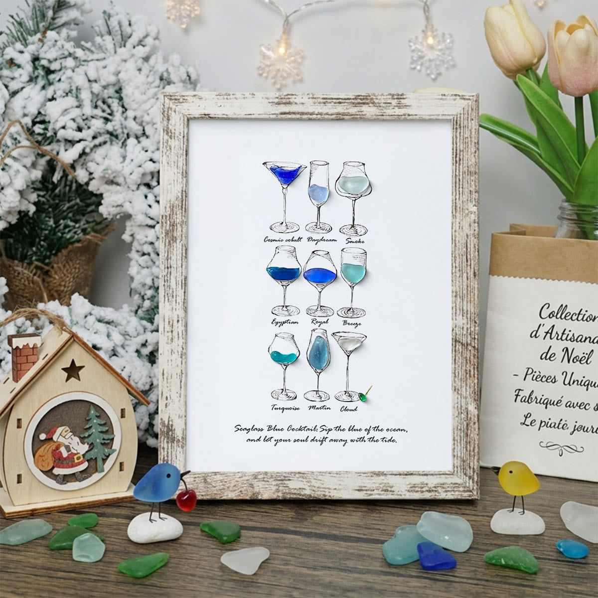 Dreamy Blue Cocktail Seaglass Card Artwork With Frame - Retro White - 8" X 6" - image 12