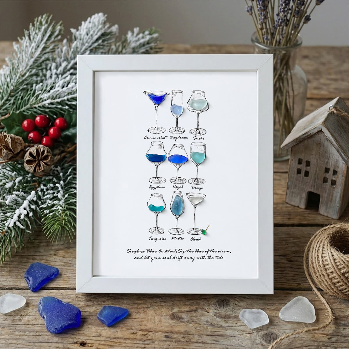 Dreamy Blue Cocktail Seaglass Card Artwork With Frame - White - 8" X 6" - image 11