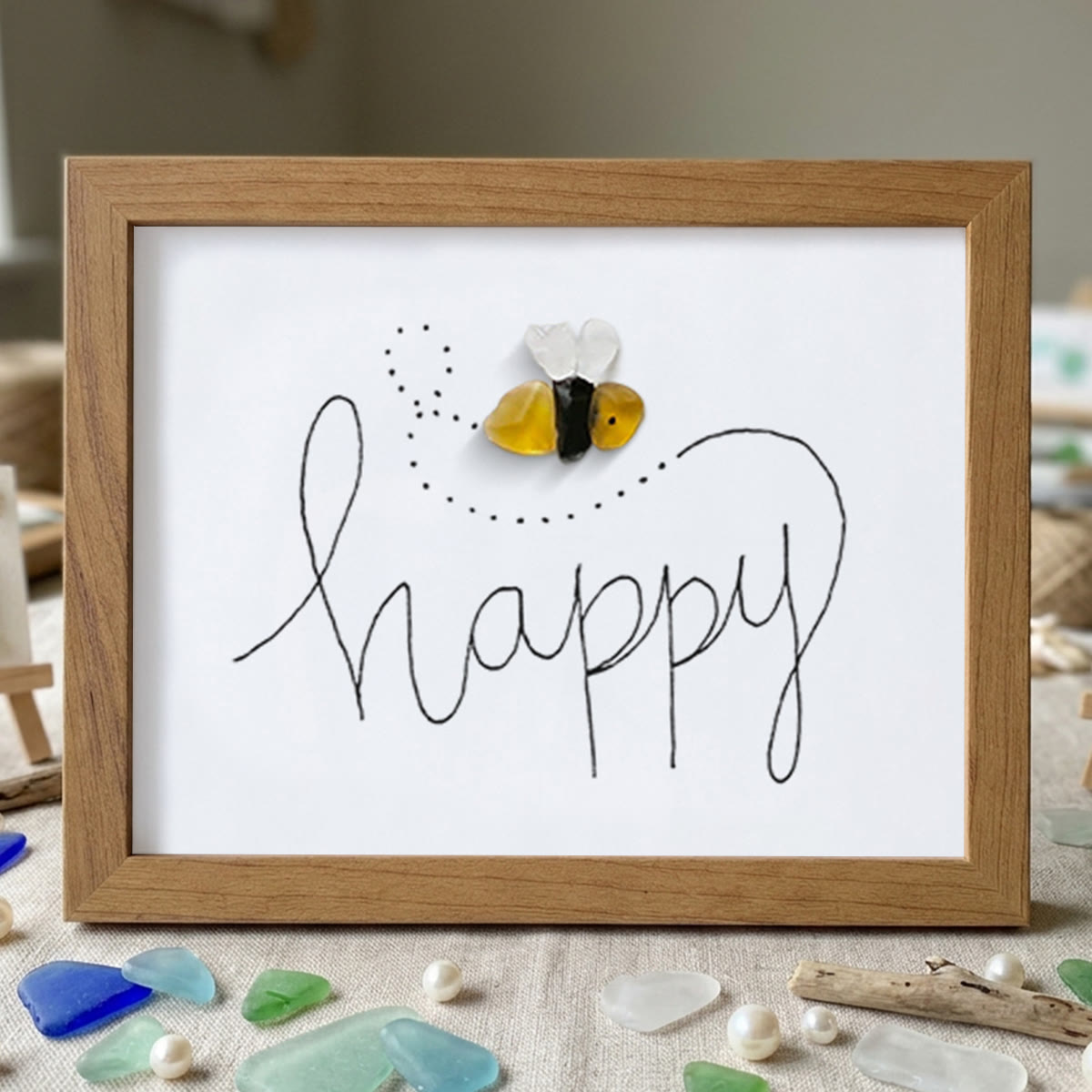 Bee Happy Sea Glass Card Artwork With Frame - Walnut Brown - 6" X 8" - image 7