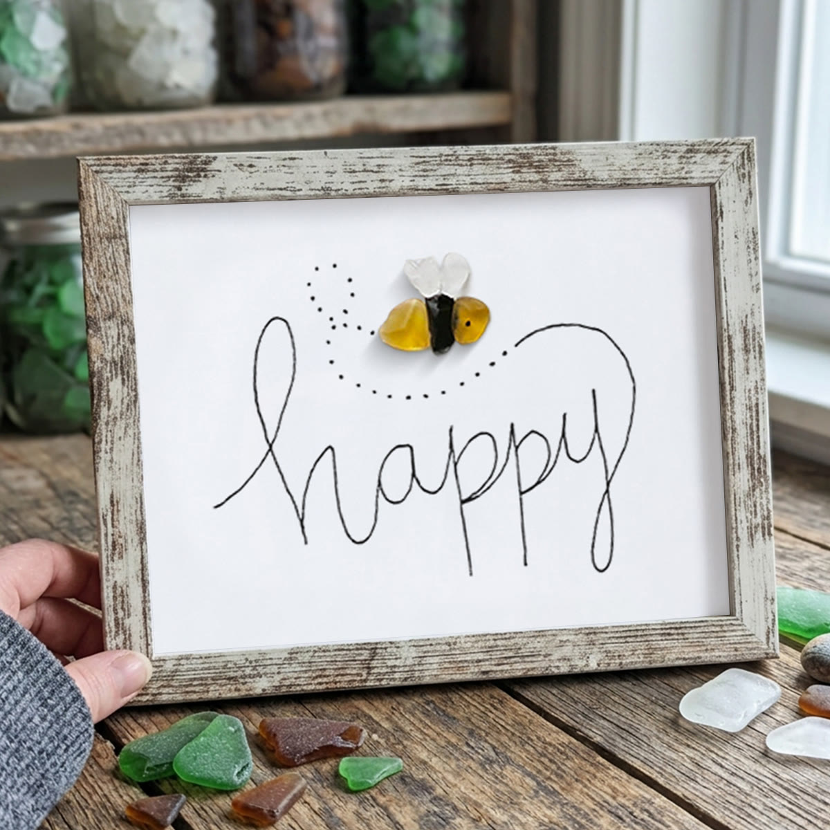 Bee Happy Sea Glass Card Artwork With Frame - Retro White - 6" X 8" - image 10