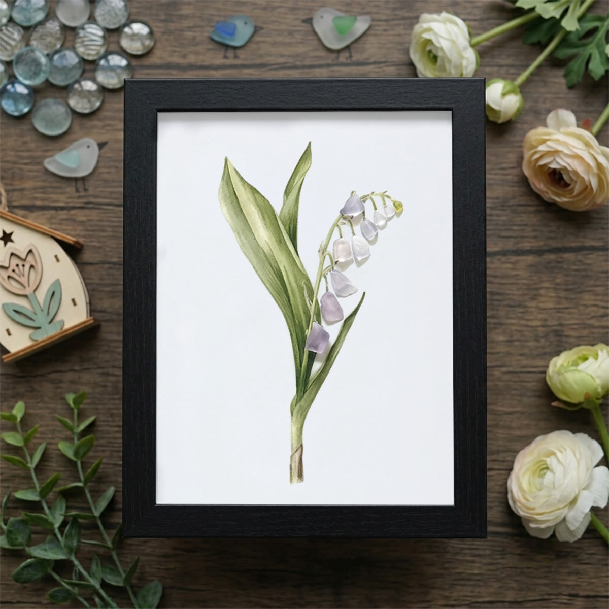 Lily Of The Valley Seaglass Card Artwork With Frame - Black - 8" X 6" - image 9