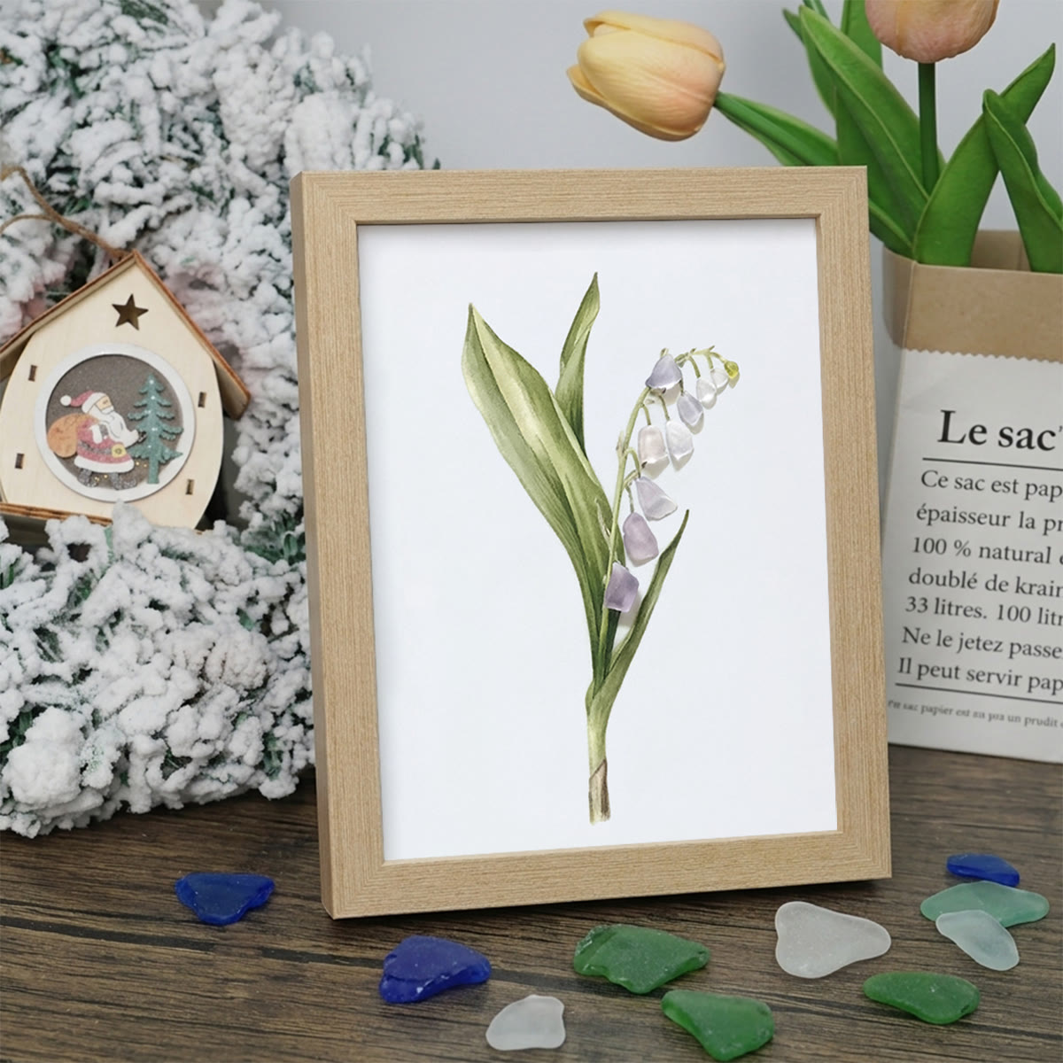 Lily Of The Valley Seaglass Card Artwork With Frame - Oak - 8" X 6" - image 7