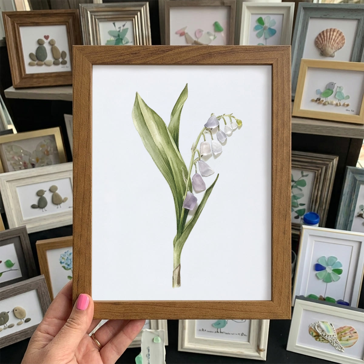 Lily Of The Valley Seaglass Card Artwork With Frame - Walnut Brown - 8" X 6" - image 8