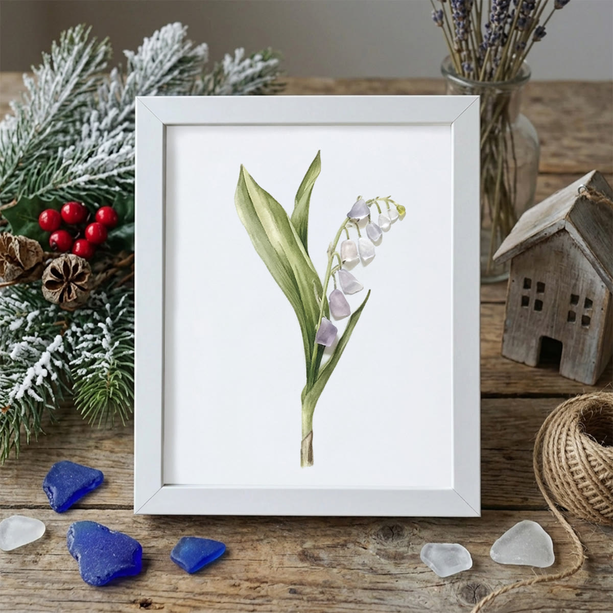Lily Of The Valley Seaglass Card Artwork With Frame - White - 8" X 6" - image 10