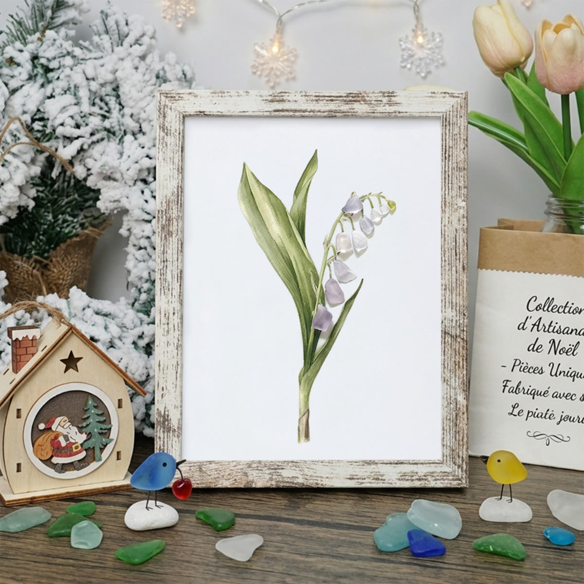 Lily Of The Valley Seaglass Card Artwork With Frame - Retro White - 8" X 6" - image 11