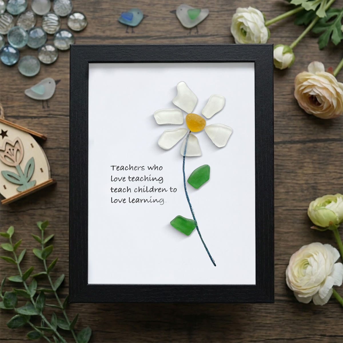 Teacher Gift Daisy Flower Sea Glass Framed Art - Black - 8" X 6" - image 11