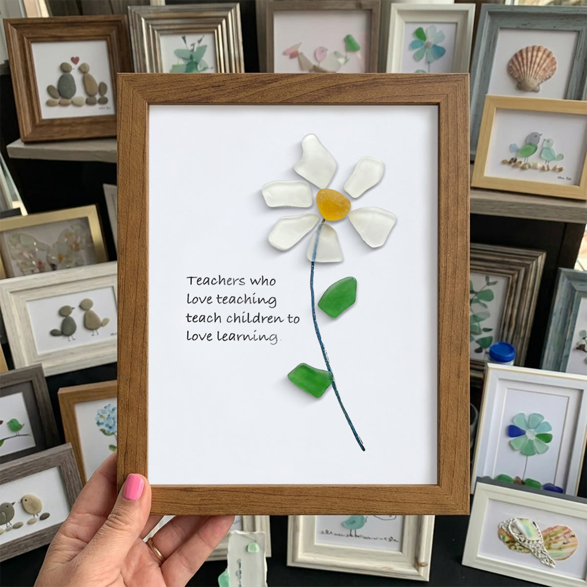 Teacher Gift Daisy Flower Sea Glass Framed Art - Walnut Brown - 8" X 6" - image 10
