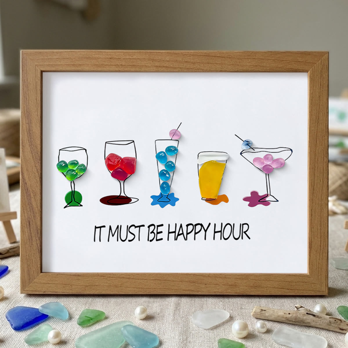 Cocktail Parties Happy Hour Sea Glass Framed Art - Walnut Brown - 6" X 8" - image 7