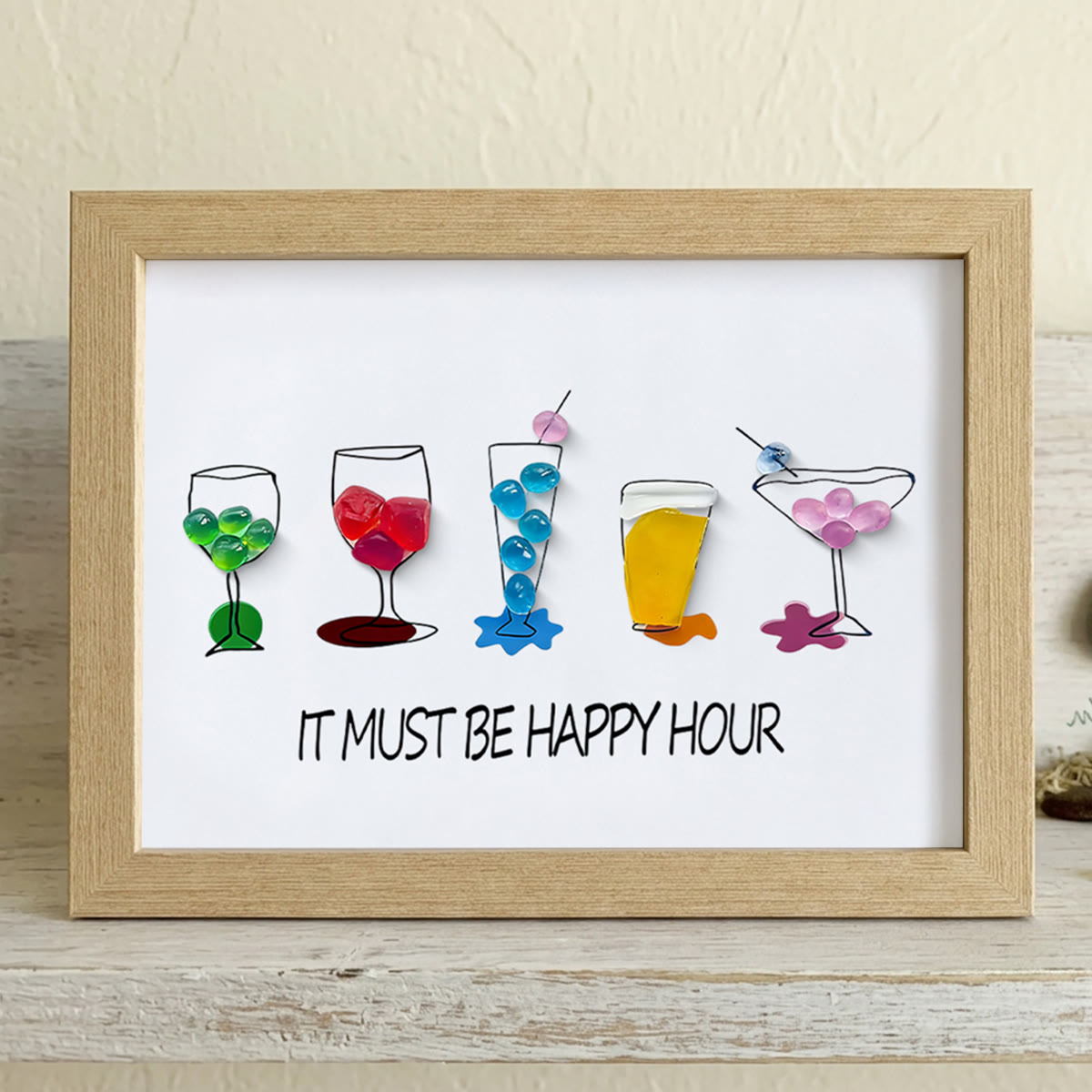 Cocktail Parties Happy Hour Sea Glass Framed Art - Oak - 6" X 8" - image 6