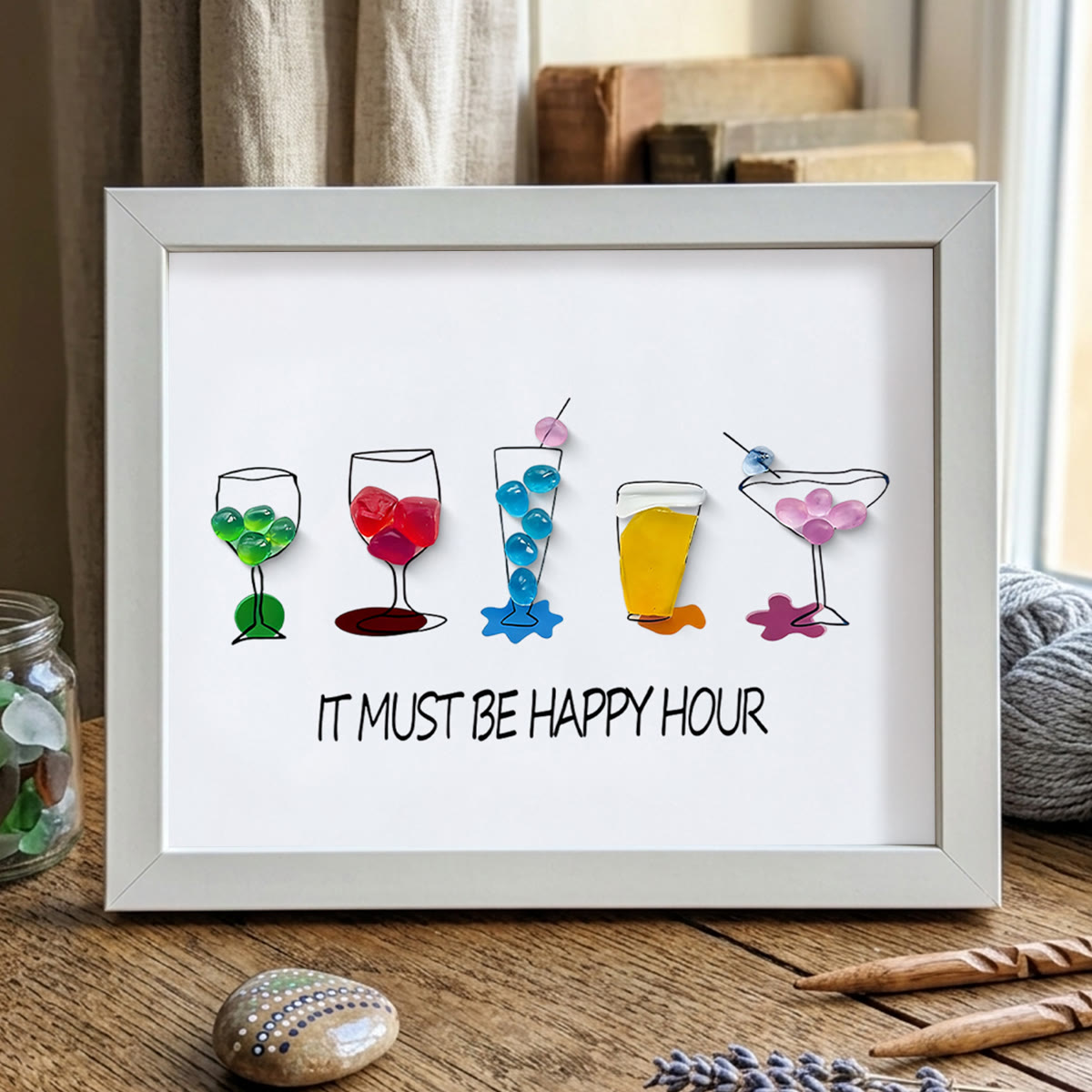 Cocktail Parties Happy Hour Sea Glass Framed Art - White - 6" X 8" - image 9