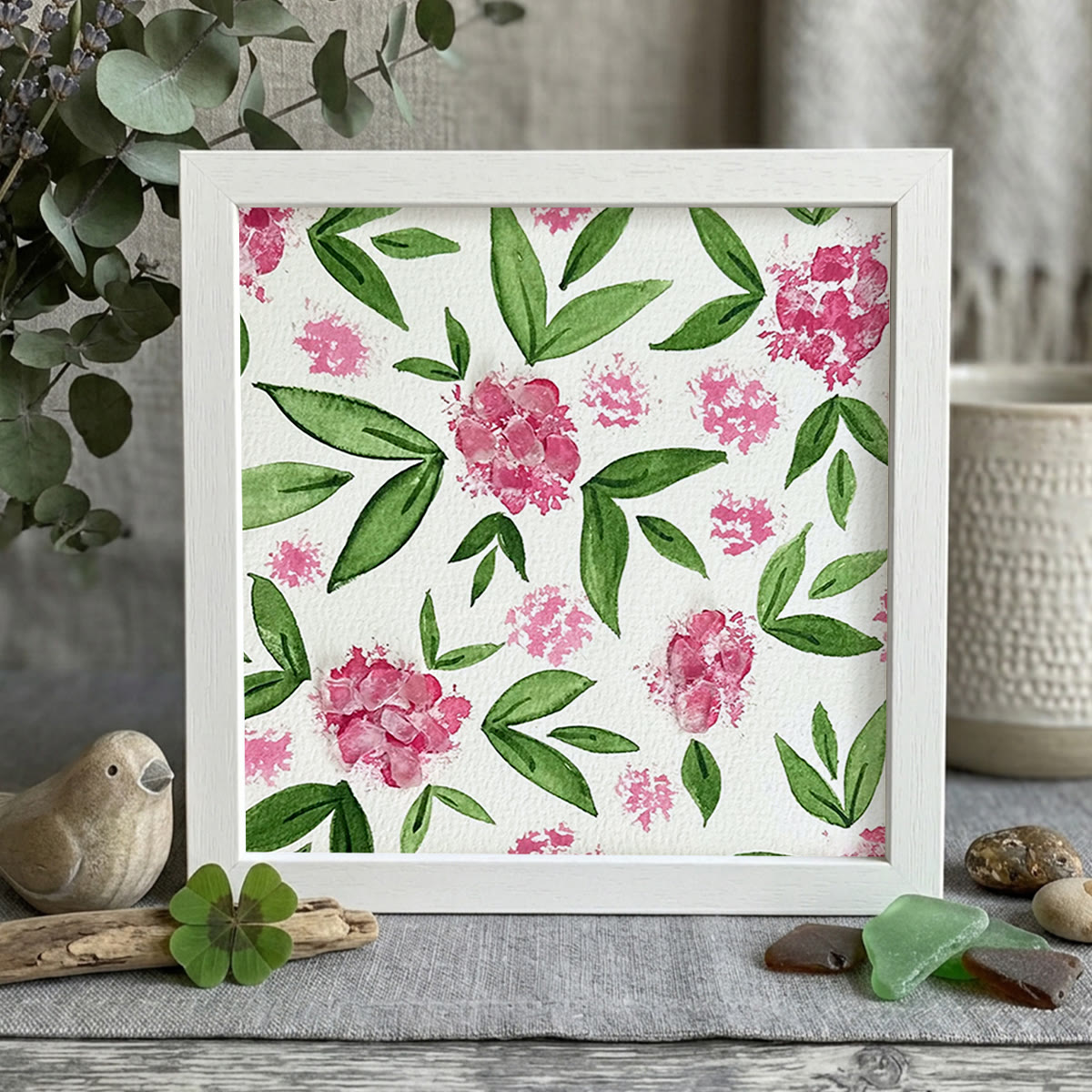 Pink Hydrangea Floral Sea Glass Framed Art - White - 8" X 8" - image 10