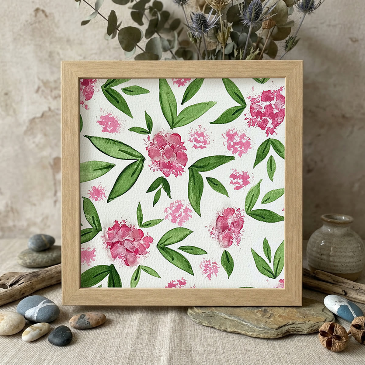 Pink Hydrangea Floral Sea Glass Framed Art - Oak - 8" X 8" - image 8