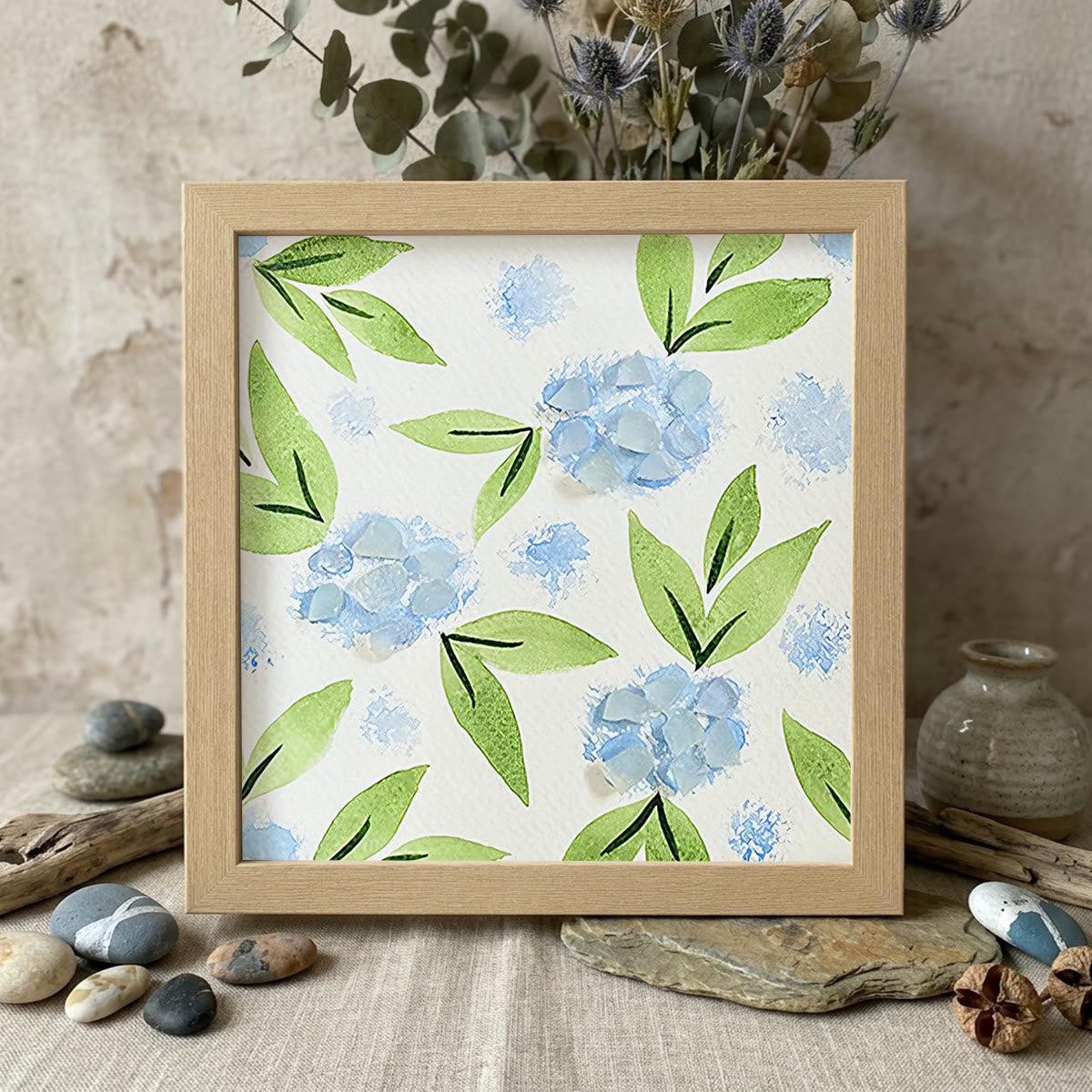 Blue Hydrangea Floral Sea Glass Framed Art - Oak - 8" X 8" - image 10