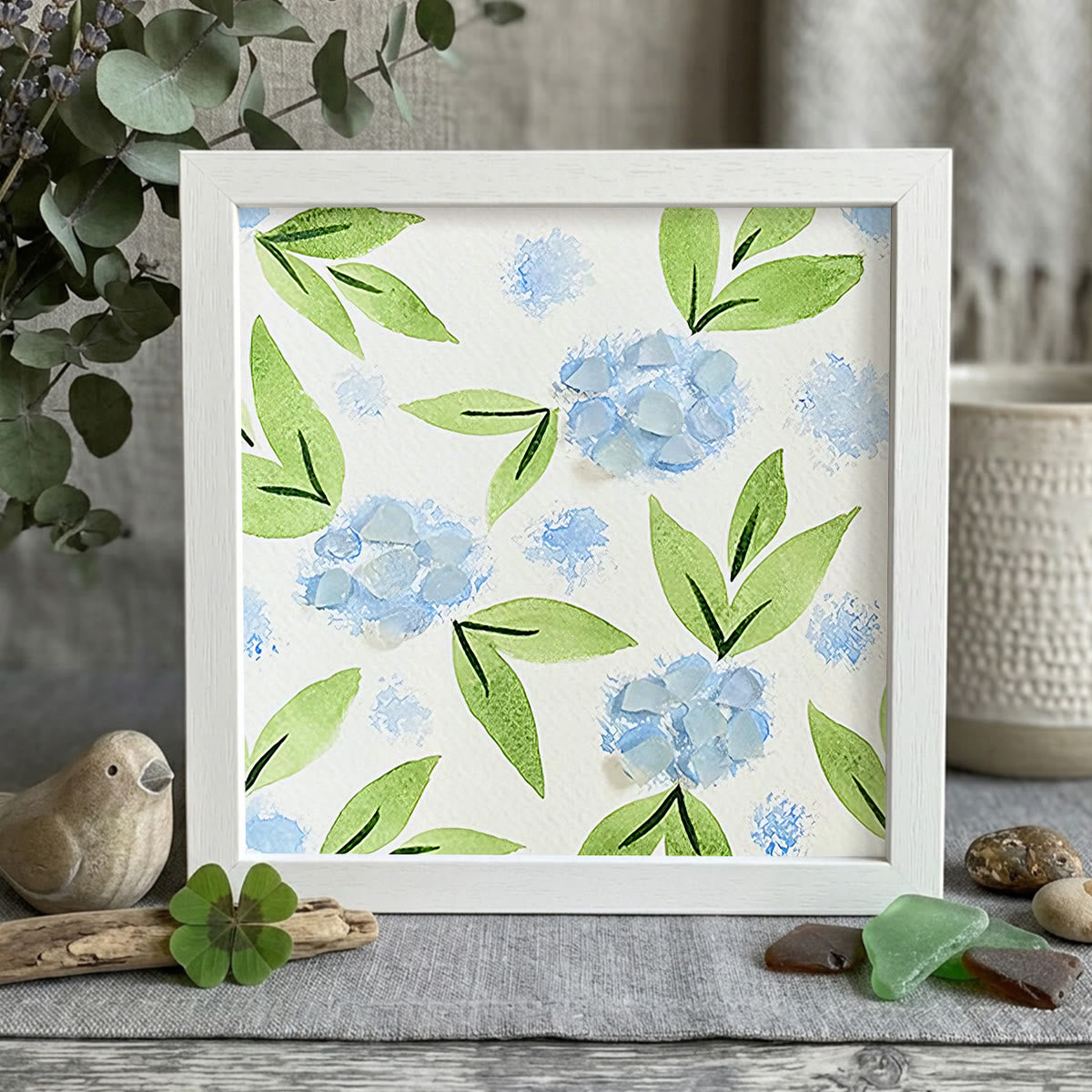 Blue Hydrangea Floral Sea Glass Framed Art - White - 8" X 8" - image 12