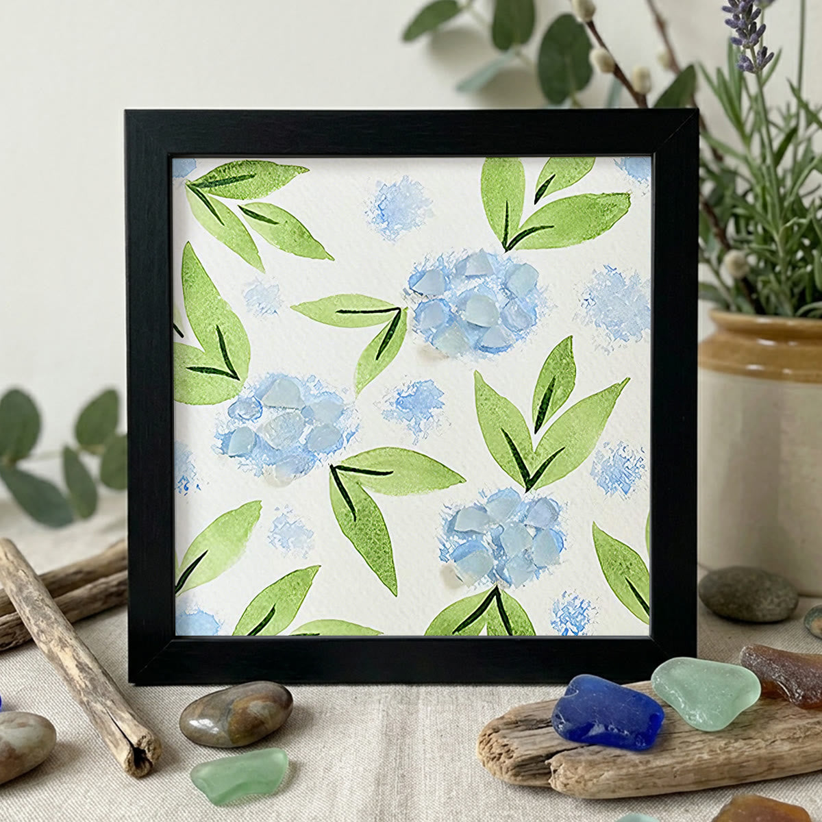 Blue Hydrangea Floral Sea Glass Framed Art - Black - 8" X 8" - image 11