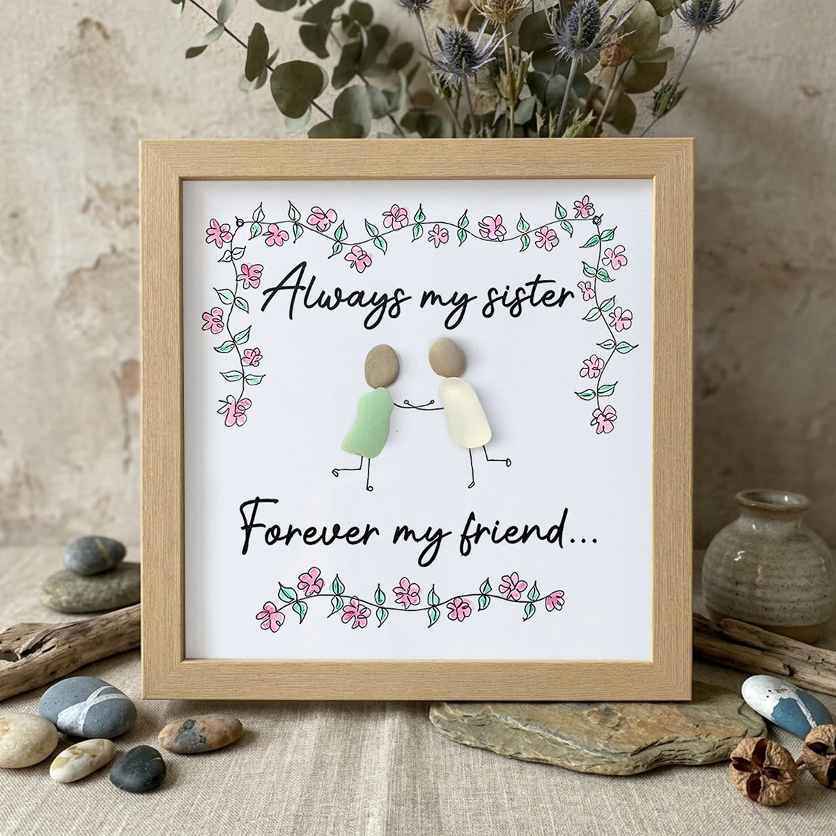Always My Sister Forever My Friend Sea Glass Framed Art - Oak - 8" X 8" - image 8