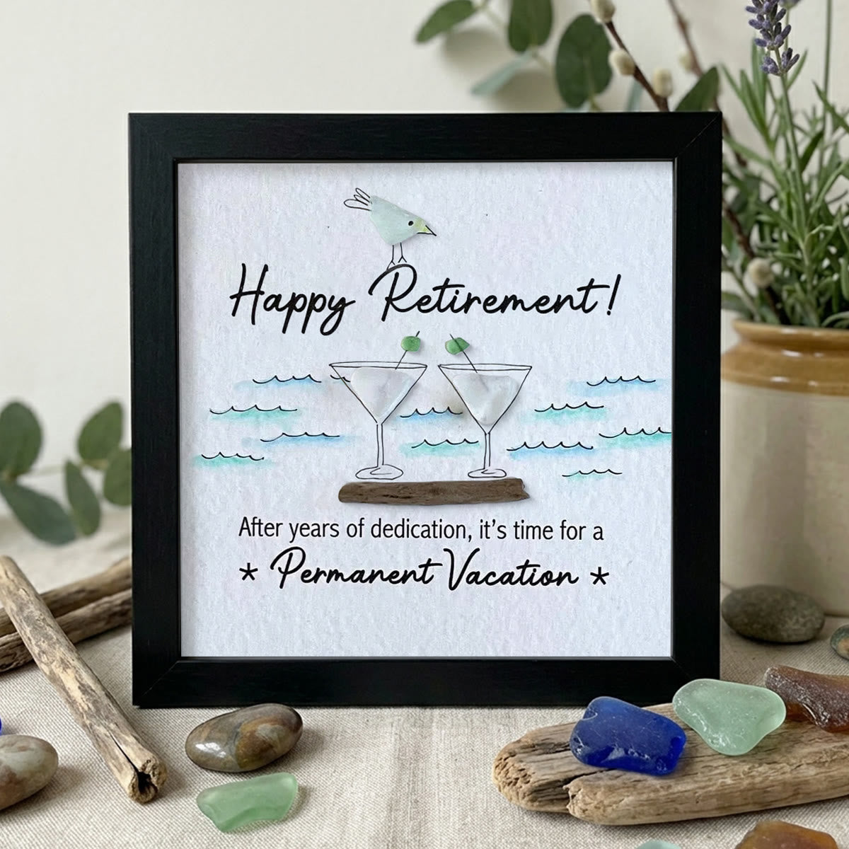 Cheers And Happy Retirement Sea Glass Framed Art - Black - 8" X 8" - image 9