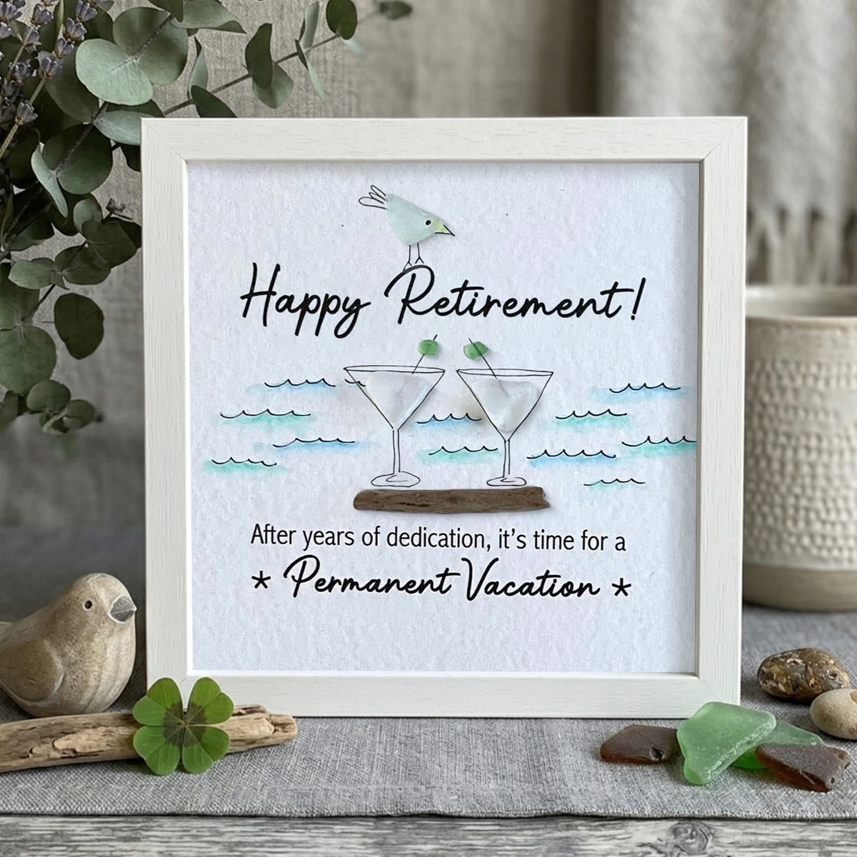 Cheers And Happy Retirement Sea Glass Framed Art - White - 8" X 8" - image 10