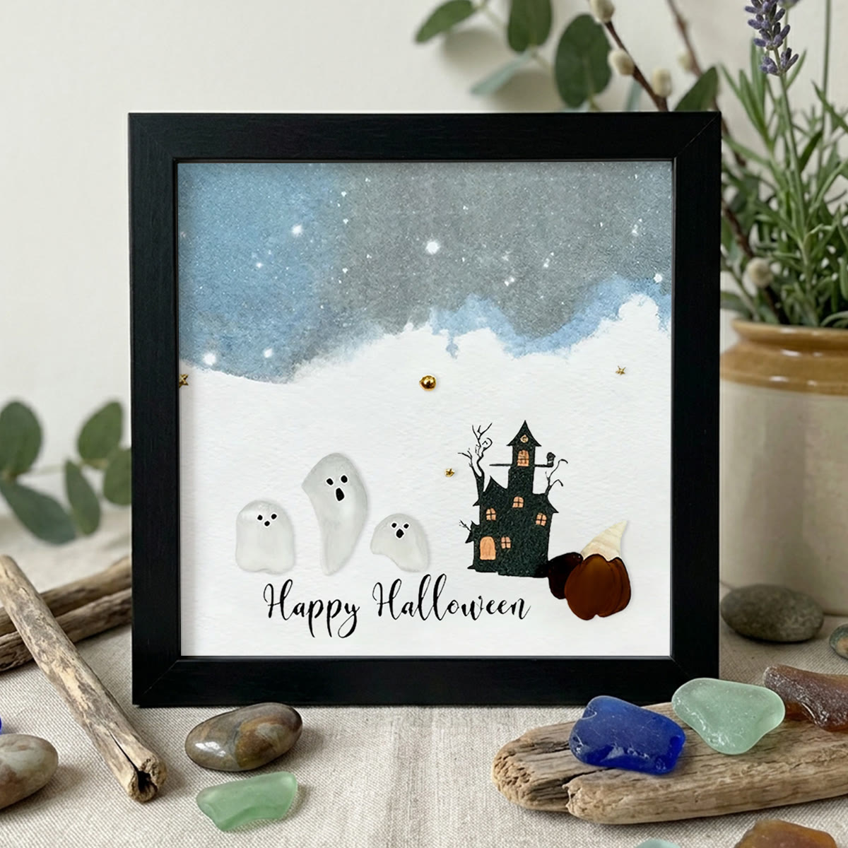 Halloween Ghost House Sea Glass Framed Art - Black - 8" X 8" - image 7