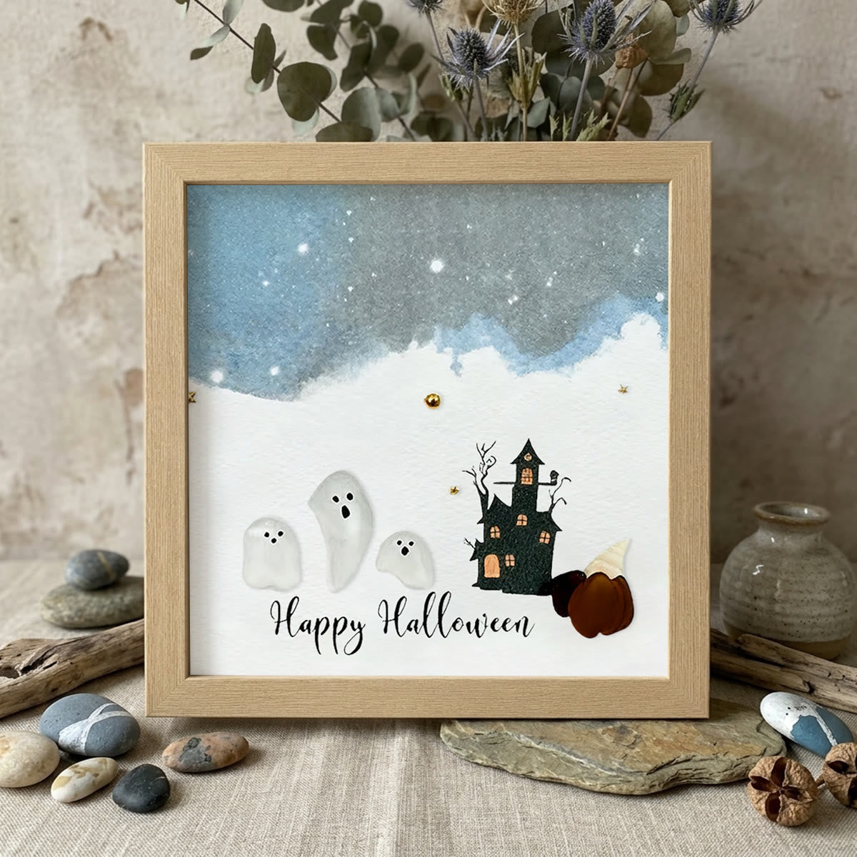 Halloween Ghost House Sea Glass Framed Art - Oak - 8" X 8" - image 6