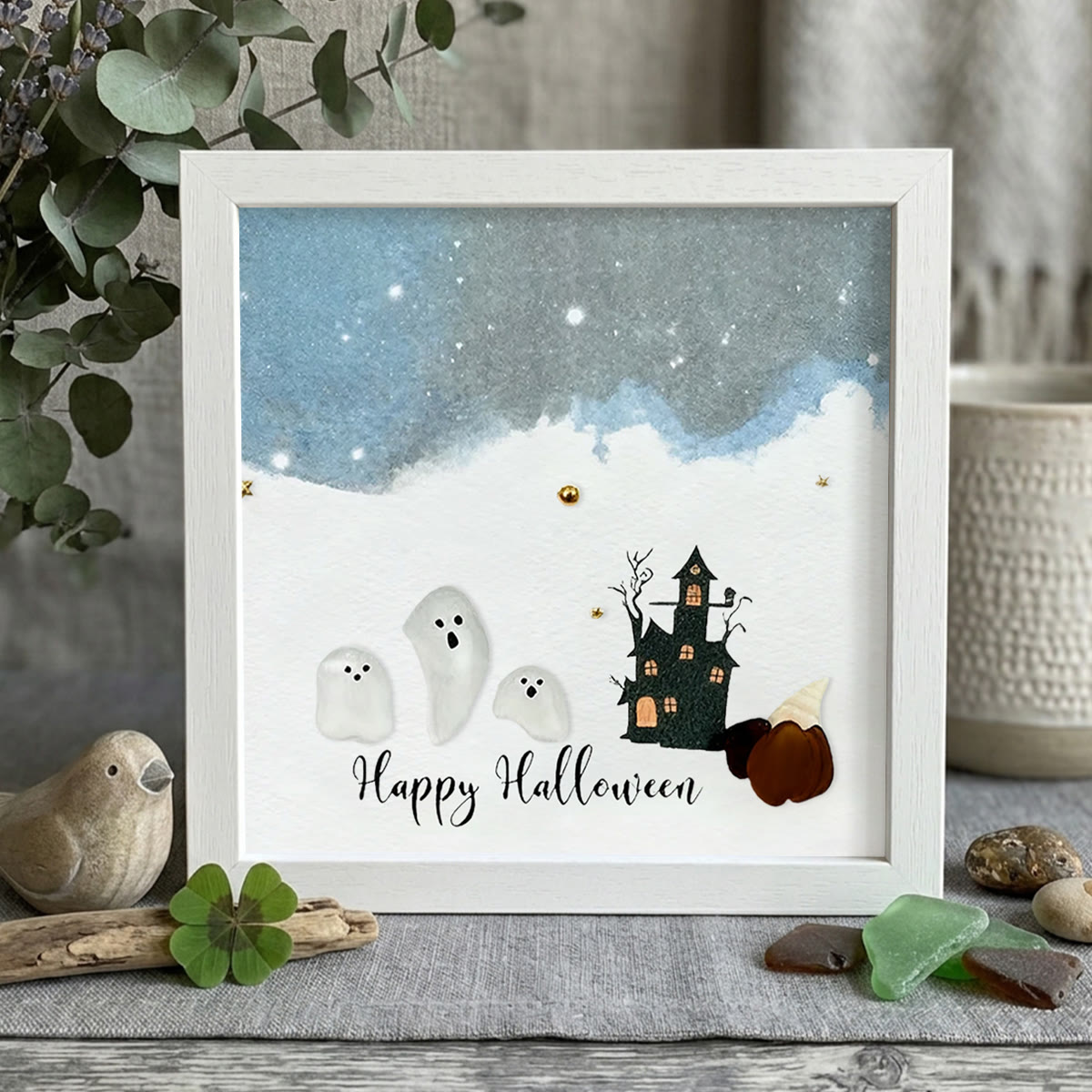 Halloween Ghost House Sea Glass Framed Art - White - 8" X 8" - image 8